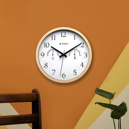 Titan Contemporary Wooden Finish White Wall Clock with Thermometer & Hygrometer - 30 cm - Analog