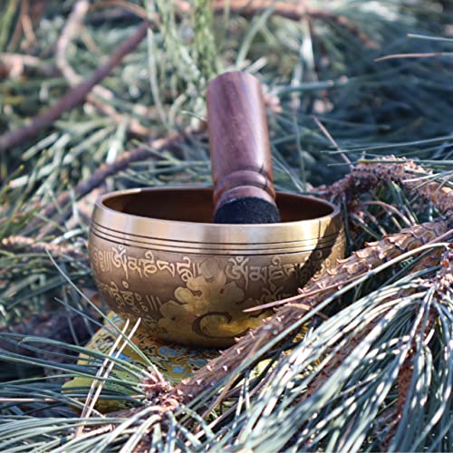 Tibetan Singing Bowl Set - Om Design - Gold & Yellow - 4 Inches - Handmade from Seven Auspicious Metals
