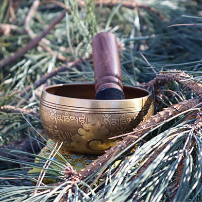Tibetan Singing Bowl Set - Om Design - Gold & Yellow - 4 Inches - Handmade from Seven Auspicious Metals