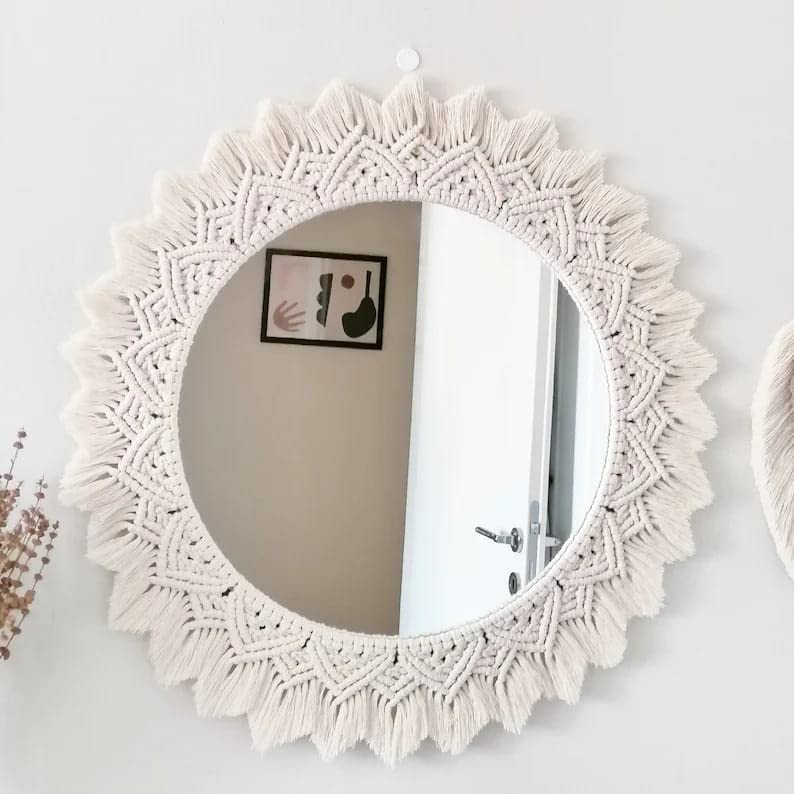 Round Macrame Wall Mirror with Off-White Cotton, 45 cm Diameter, Handmade for Bedroom and Living Room Decor