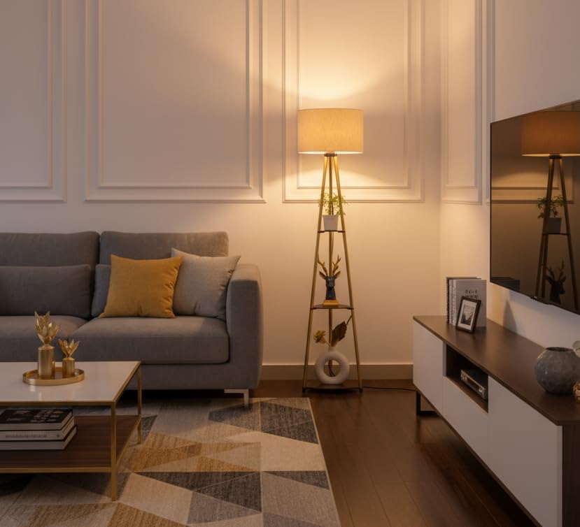 Floor Lamp with Three Shelves, Brass Antique Finish, 5Ft Height, Off White Drum Shade, LED Bulb Included