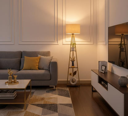 Floor Lamp with Three Shelves, Brass Antique Finish, 5Ft Height, Off White Drum Shade, LED Bulb Included