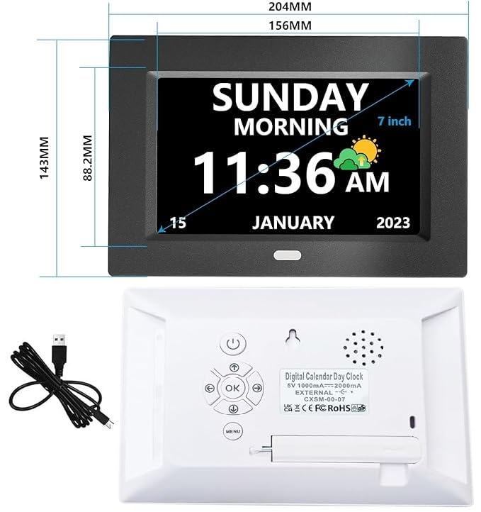 7 Inch Digital Alarm Clock with Day and Date Display for Seniors - Black