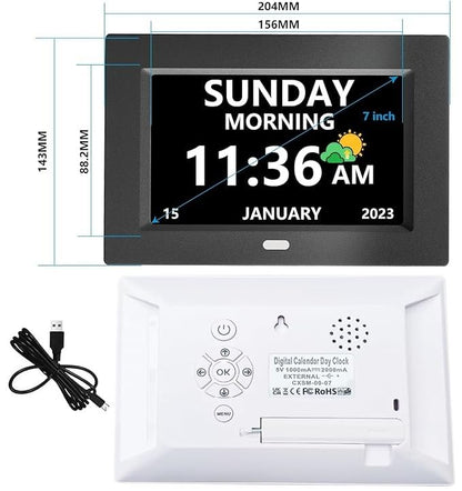 7 Inch Digital Alarm Clock with Day and Date Display for Seniors - Black