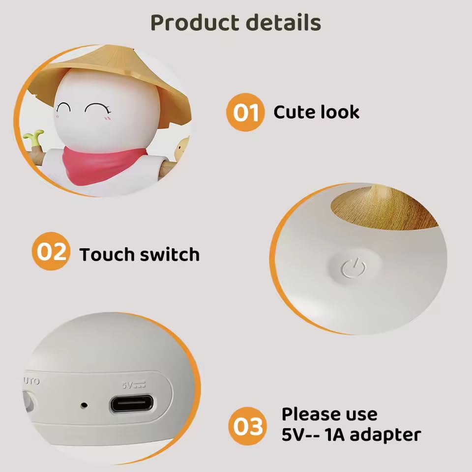 LED Touch Control Night Light Scarecrow Design White Adjustable Brightness 15 Min Auto-Off 40 Hours Battery