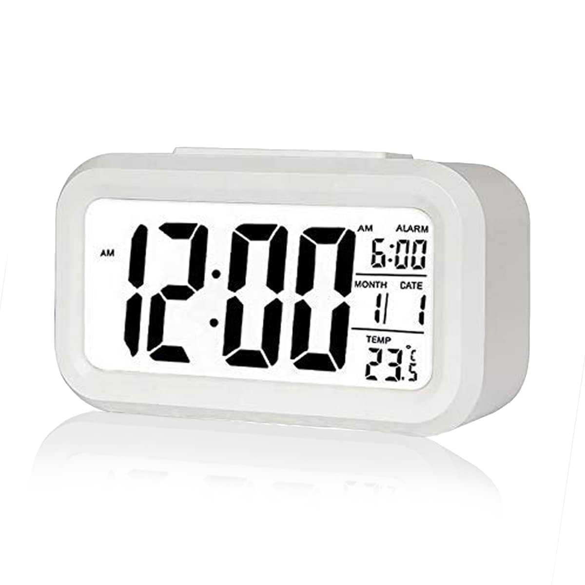 Digital Alarm Clock, Battery-Operated Small Desk Clock with Date, Indoor Temperature, Smart Night Light, LCD Electronic Clock for Bedroom, Home, or Office – White