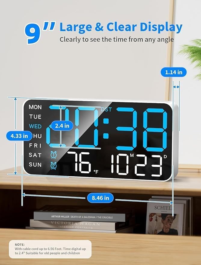 9-Inch LED Digital Wall Clock with Date, Temperature, Dual Alarms, Voice Control, USB Powered