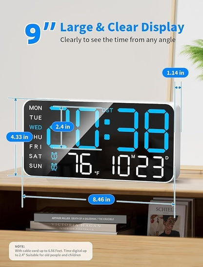 9-Inch LED Digital Wall Clock with Date, Temperature, Dual Alarms, Voice Control, USB Powered
