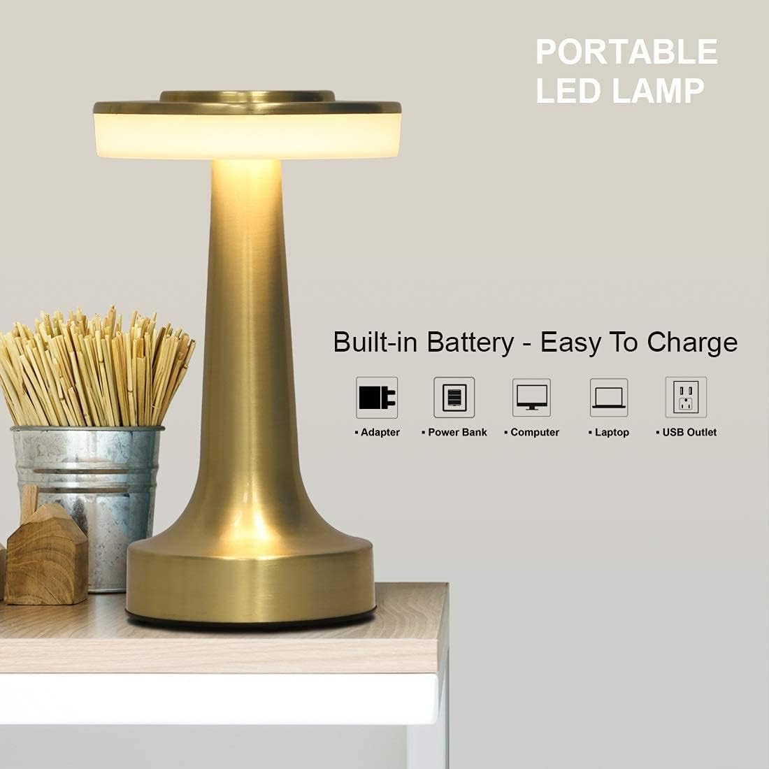 LED Table Lamp with Touch Sensor Gold Finish Rechargeable 3-Levels Brightness 30cm