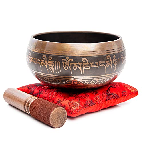Singing Bowl Set - Handmade Tibetan Bowl 4" with Cushion & Mallet - Brown & Red