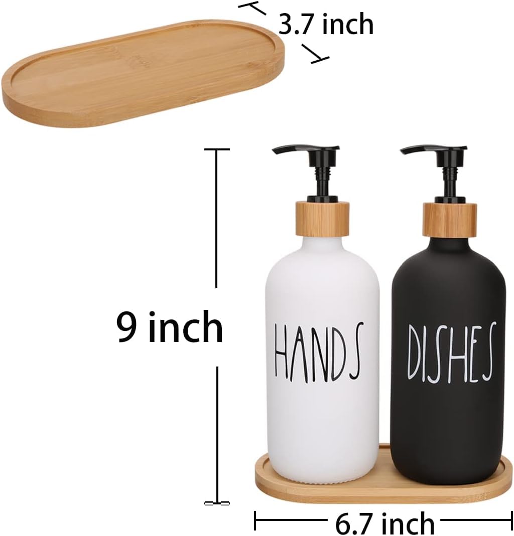 Soap Dispenser Set with Bamboo Tray - Glass, 17 Ounces - Hand Wash & Dish Wash Dispenser