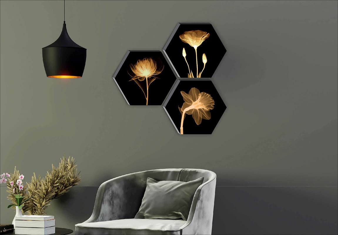 Wall Painting Floral MDF Set of 3 Hexagon 17 Inch Brown Textured