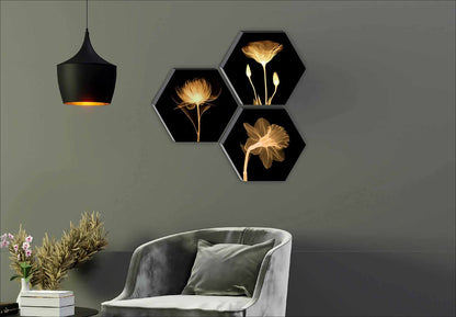 Wall Painting Floral MDF Set of 3 Hexagon 17 Inch Brown Textured