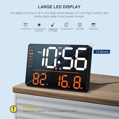 Digital Wall Clock with Remote Control, LED Display, White-Orange, 40 x 10 cm