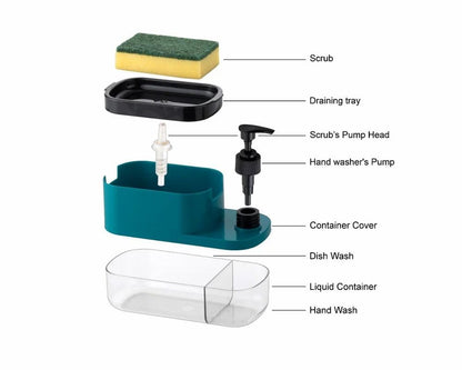 3-in-1 Soap Dispenser with Sponge Holder - Plastic - 19.5 cm x 10.25 cm x 9 cm - Multi-Color