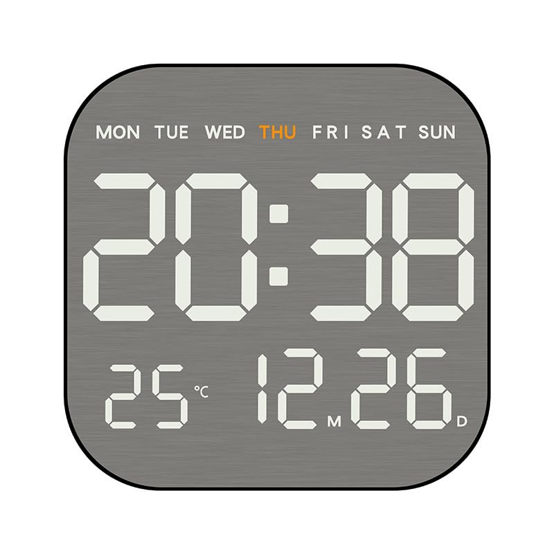 Large Digital LED Wall Clock with Remote Control, Gray, USB Powered, Multi-Function Display