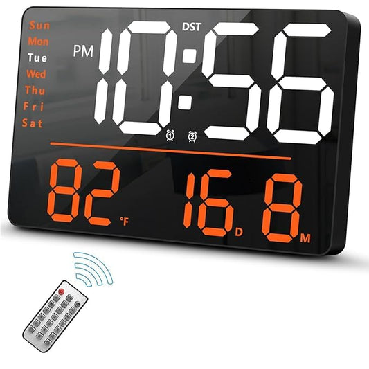 Digital Wall Clock with Remote Control, LED Display, White-Orange, 40 x 10 cm