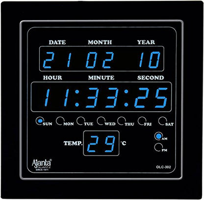 Digital LED Square Wall Clock - Blue Glass, 25.4 cm x 25.4 cm x 3.5 cm