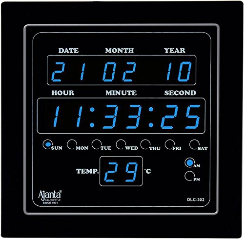 Digital LED Square Wall Clock - Blue Glass, 25.4 cm x 25.4 cm x 3.5 cm
