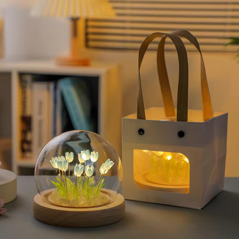 Tulip LED Night Light - Decorative Glass Table Lamp with Artificial Flowers - 8 cm - Blue