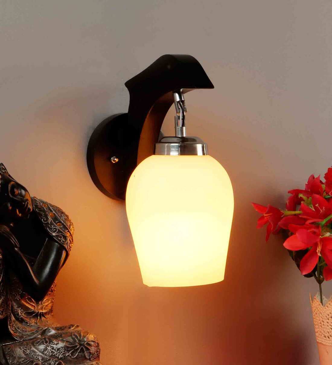 Wall Lamp Modern Design Brown Wooden with Frosted Glass Shade 30cm