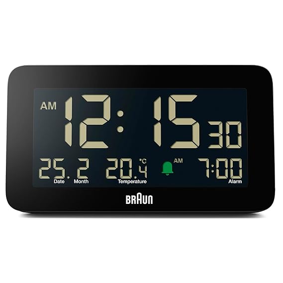 Digital Alarm Clock with Date, Month, and Temperature Display – Negative LCD, Plastic, 13 cm x 7 cm, Black