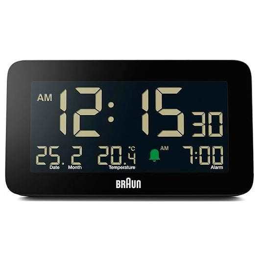 Digital Alarm Clock with Date, Month, and Temperature Display – Negative LCD, Plastic, 13 cm x 7 cm, Black