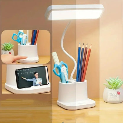 LED Desk Lamp with Touch Sensor & Pen Holder - Adjustable Neck, 3 Color Modes, USB Rechargeable