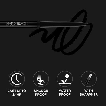 Hard Black Kajal Pen with Sharpener, 24hr Stay, 0.35g