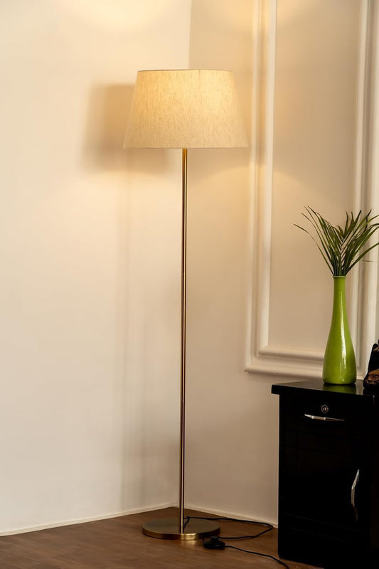 LED Floor Lamp Modern Antique Brass Finish 5Ft Height with 12 Inch Off White Lampshade