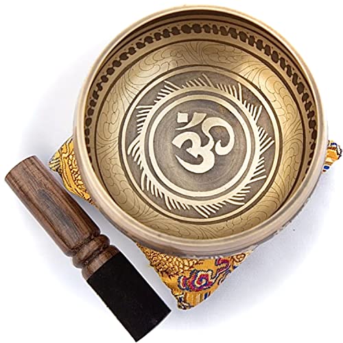 Tibetan Singing Bowl Set - Om Design - Gold & Yellow - 4 Inches - Handmade from Seven Auspicious Metals
