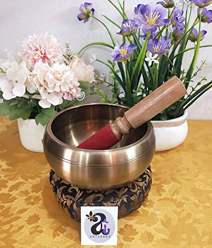 Singing Bowl Antique Gold Brass Traditional Tibetan 6 Inches with Cushion and Mallet