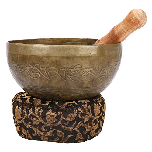 Singing Bowl with Buddha Figure in Bhumisparsha Mudra - Antique Gold - 8 Inch x 3 Inch - Brass