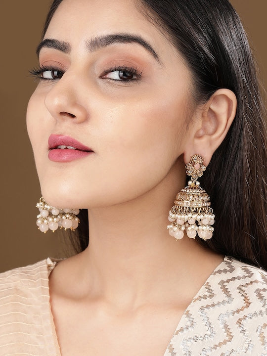 Rubans Traditional Gold Toned Jhumkas with Pearl Beads