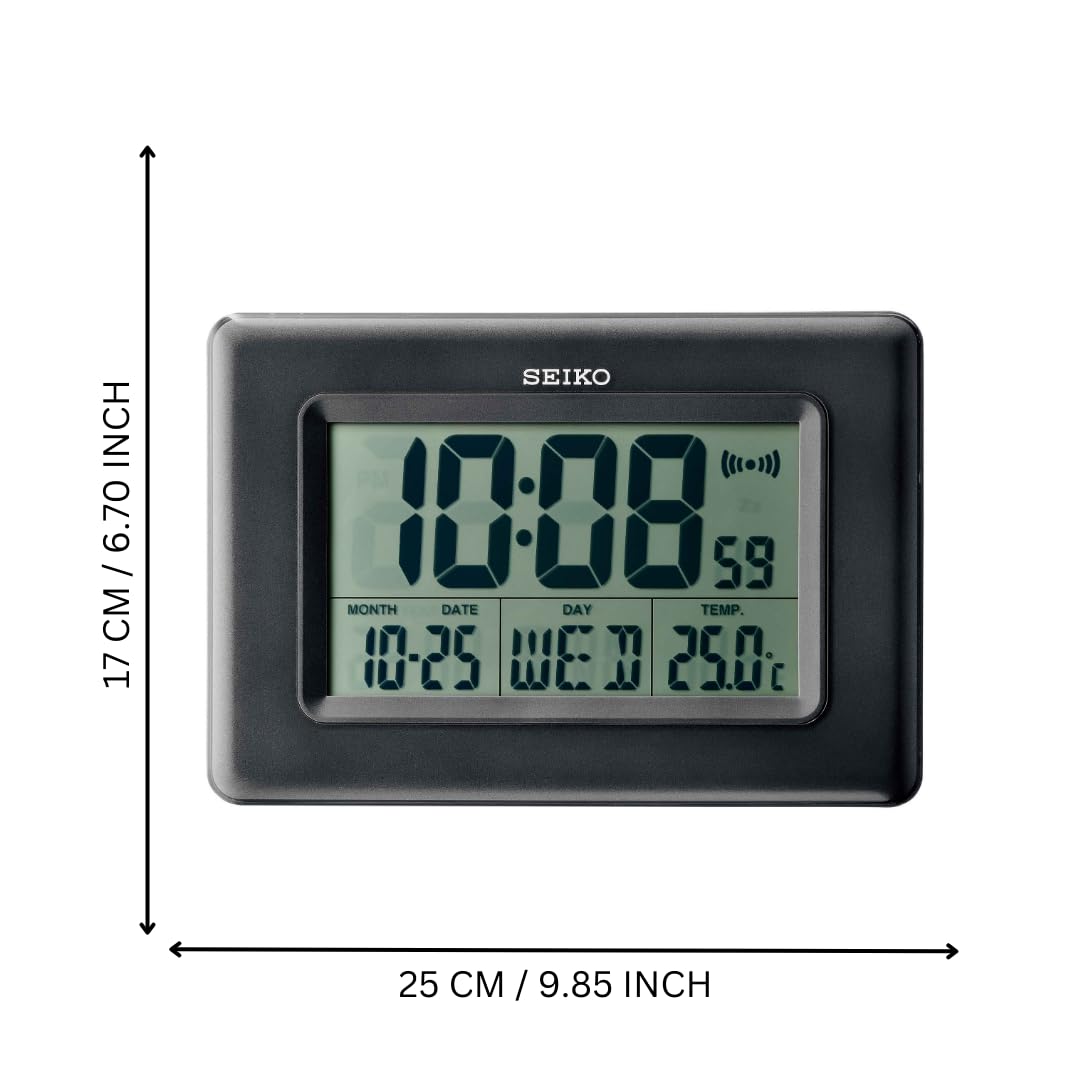 Seiko Digital Alarm Table Clock with Calendar, Hygrometer & Thermometer - Black - 25 x 2.7 x 17 cm