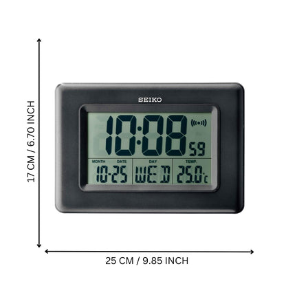 Seiko Digital Alarm Table Clock with Calendar, Hygrometer & Thermometer - Black - 25 x 2.7 x 17 cm