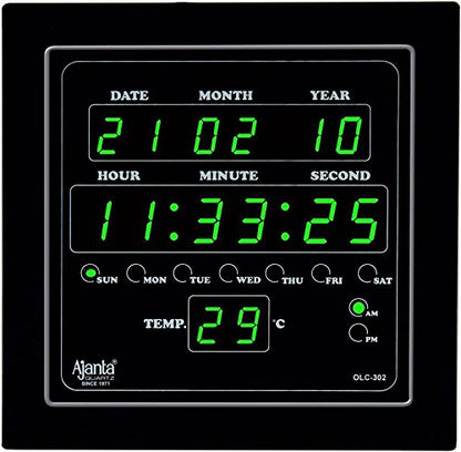 Digital Wall Clock with Green LED Display, 25.4 cm, Glass and Plastic Frame