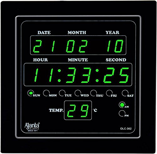 Digital Wall Clock with Green LED Display, 25.4 cm, Glass and Plastic Frame