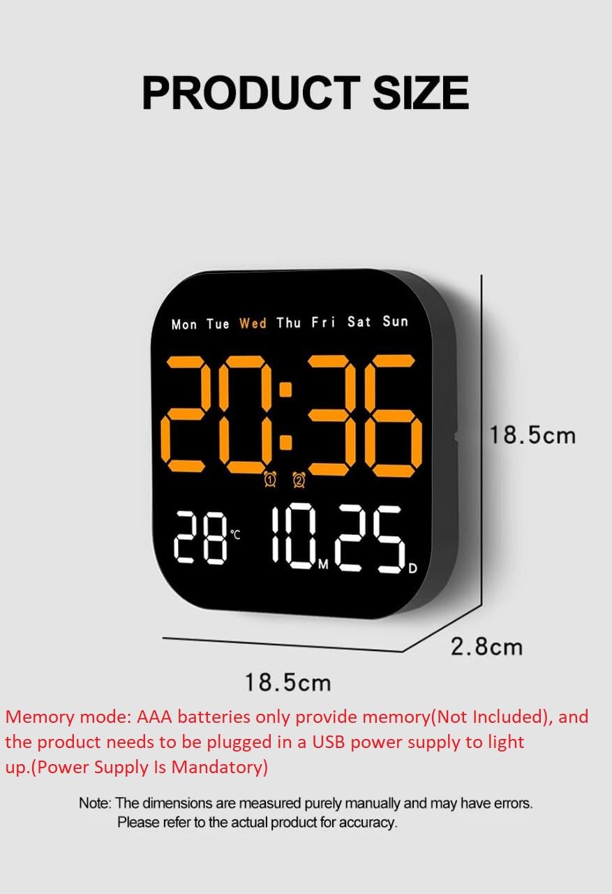 Digital Wall Clock with LED Display, 18.5 cm, Remote Control, USB Powered, Multicolor