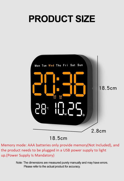 Digital Wall Clock with LED Display, 18.5 cm, Remote Control, USB Powered, Multicolor
