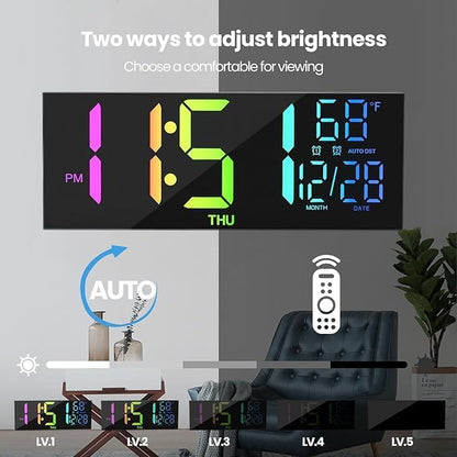Digital Wall Clock with Remote Control, 15-Inch LED Display, Auto Brightness, Wall-Mounted or Desktop