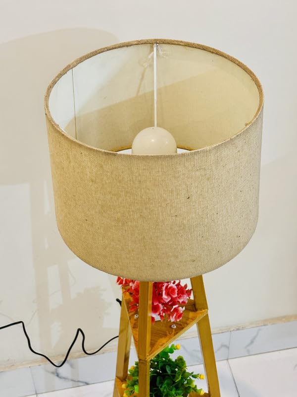 Floor Lamp Adjustable Wooden Tripod with Burlap Jute Drum Shade 11 x 12 Inch