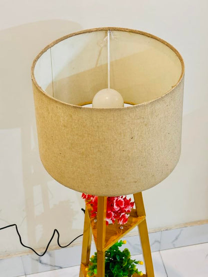 Floor Lamp Adjustable Wooden Tripod with Burlap Jute Drum Shade 11 x 12 Inch