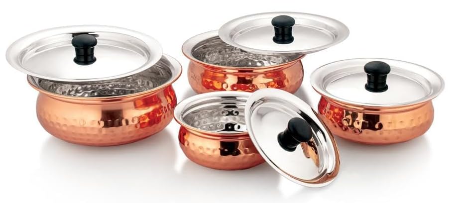 Dynore Stainless Steel Copper Plated Hammered Finish Handi Set with SS lid- Set of 4