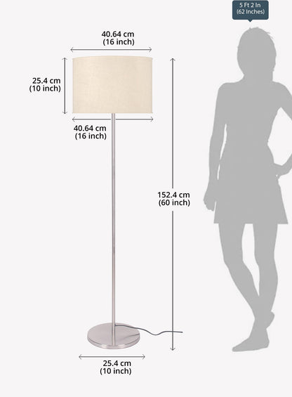 LED Floor Lamp Modern Design Stainless Steel Finish 5Ft Height Off White Lampshade 16 Inches