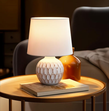 LED Table Lamp with Cotton Fabric Shade and Ceramic Base - White - Modern Design
