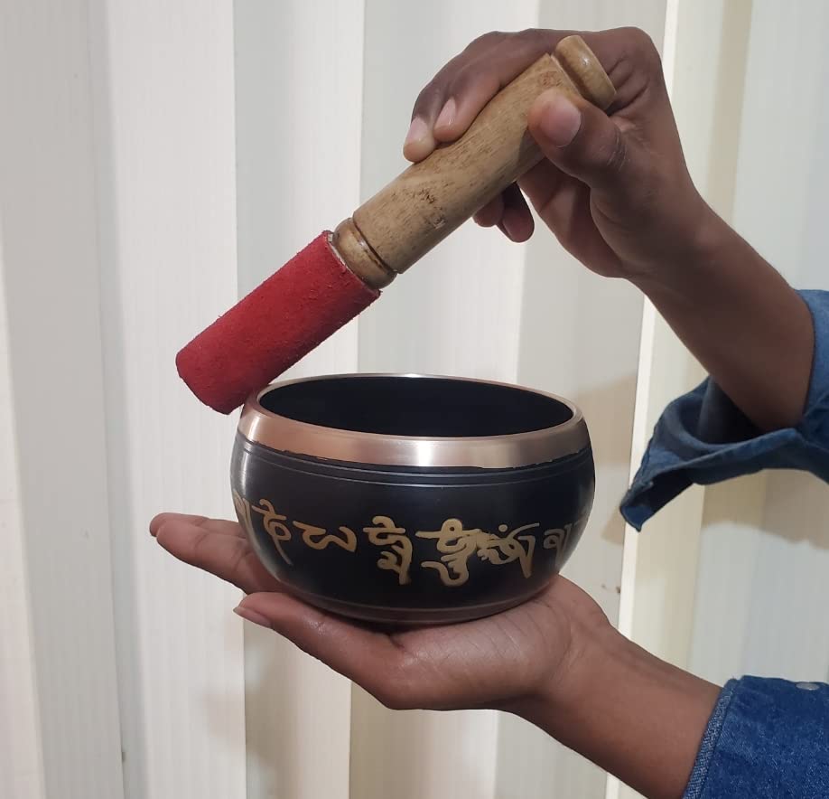 Singing Bowl - Tibetan Buddhist Prayer Instrument - Metal Alloy - Black - 5 Inch Diameter - Includes Striker Stick