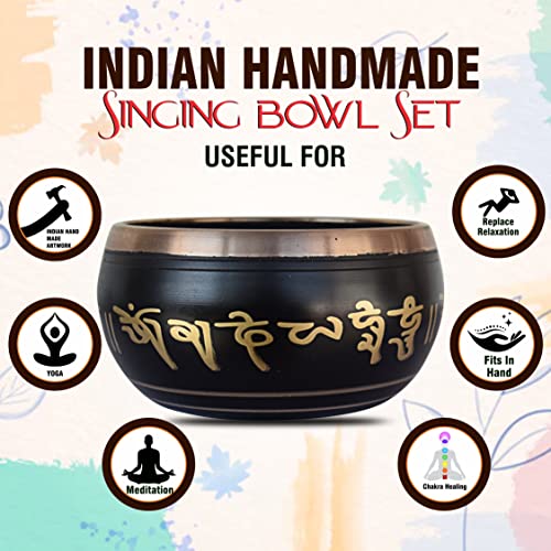 Singing Bowl - Tibetan Buddhist Prayer Instrument - Metal Alloy - Black - 5 Inch Diameter - Includes Striker Stick