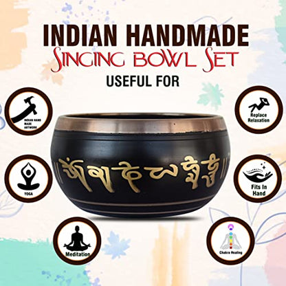 Singing Bowl - Tibetan Buddhist Prayer Instrument - Metal Alloy - Black - 5 Inch Diameter - Includes Striker Stick