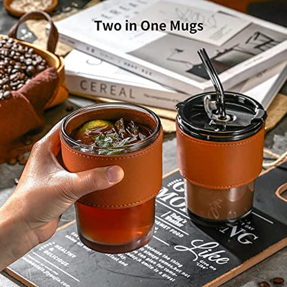 Glass Coffee Mug with Leather Sleeve and Silicone Straw, 435ml Capacity
